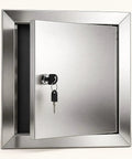 Heavy Gauge Stainless Steel Drywall Access Door 28 X 28 Inches Service Panel With Smooth Rotary Latch open showing key.