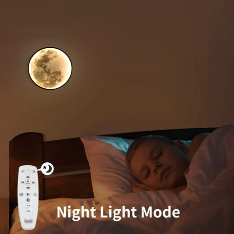 Sleeping child with Dimmable Moon Wall Sconce With Remote, Plug-In LED Wall Light, 9.5 Inch Black Indoor Wall Lamp in night mode