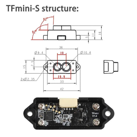 TFmini-S Lidar Range Finder Sensor Module with structure diagrams, for Arduino Raspberry Pi and Pixhawk integration.