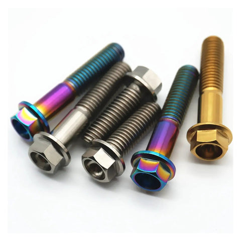 Grade Five Titanium Bolts Flange Head Screws For Mountain Bikes, multi-color, 6mm and 8mm sizes for frame fasteners.