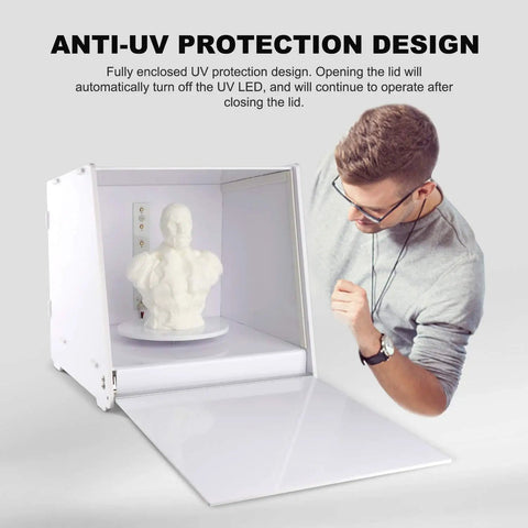 405nm UV Resin Curing Box With Six High Power LEDs Electric Turntable Adjustable Timer in use with open lid and 3D model inside