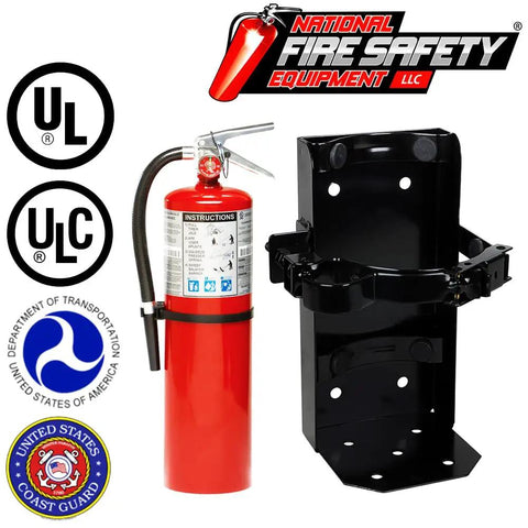 Two Pack Of Ten Lb ABC Fire Extinguishers With Heavy Duty Brackets And Warning Signs Built Damn Tough For Home Workshops And Commercial Spaces Top Shelf Ul Approved Gear includes red extinguisher and black bracket.