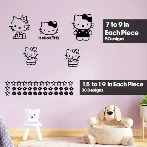 Cute Kids Room Removable Wall Decal Sticker Art 7x9 Inch Vinyl Peel And Stick with Kitty designs on a purple wall