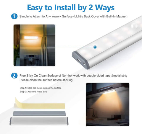 Installation method for Bright Wireless Rechargeable Under Cabinet Lights 3 Pack With Magnetic Mount Motion Sensor Night Lights