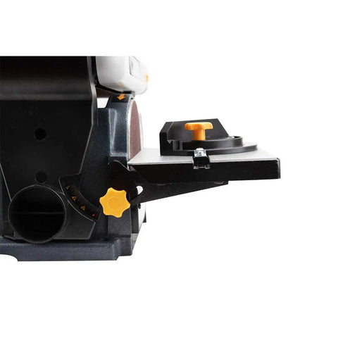 Close-up of Rugged Belt And Disc Sander Combo For Woodworking With 4 By 36 Inch Belt And 6 Inch Disc Tilt Tables and miter gauge.