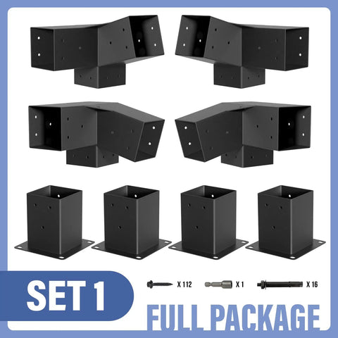 Heavy-Duty 15-Degree 3-Way Pergola Right Angle Bracket With Raised Post Base For 4x4 Wood Beams - Tough-As-Nails Weatherproof Garden Gazebo Corner Support Kit, Set Of 8