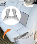 Foldable aluminum boat seat hinge shown on white marine seating.