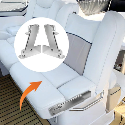 Foldable aluminum boat seat hinge shown on white marine seating.