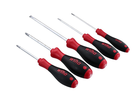 Five Piece Slotted And Phillips Screwdriver Set With SoftFinish Cushioned Grips, showing slotted 3.0mm, 4.0mm, 6.5mm, and Phillips 1, 2.