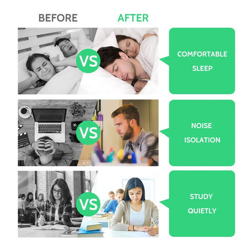 Comparison illustrating benefits of Ultra Soft Foam Ear Plugs For Sleep 60 Pairs With 38dB SNR Noise Reduction for comfortable sleep.