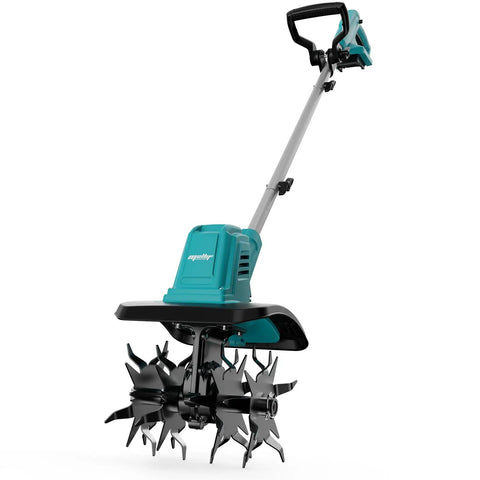 Cordless Brushless Garden Tiller Cultivator No Cord Hassle 10-Inch With 48-Tine Mini Rotary Aerator On White Background