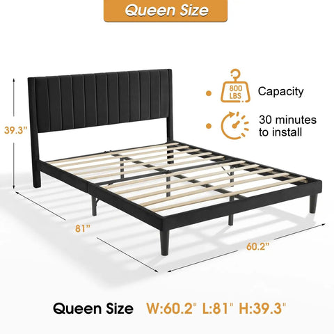 Ultra Comfy Queen Platform Bed Frame With Cozy Velvet Upholstered Headboard Built For Dead Quiet Sleep With Zero Box Spring Needed. Queen size with sturdy slats.