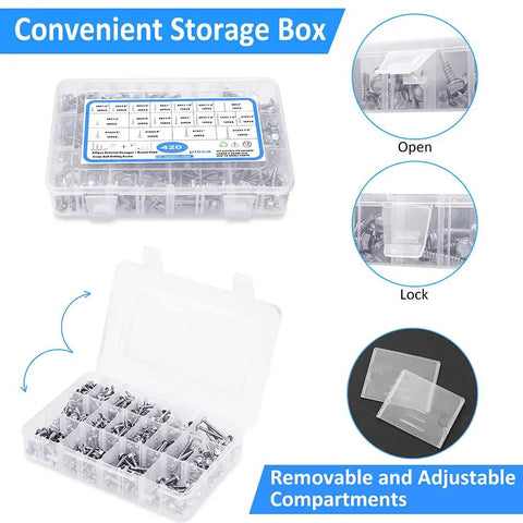 Self Drilling Screws Kit For Metal And Wood, 420 Piece Multi Size Set In 410 Stainless Steel, plastic storage case with compartments
