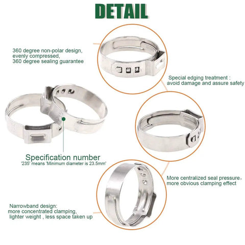 Heavy Duty Hose Clamp Kit With Pincer Crimp Tool Set For Auto And Home Use, featuring 6 to 23.5mm stepless ear clamps in 304 stainless steel.