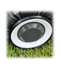 Wheel Guard Rings 4 Piece Set For Luba 2 Smart Robotic Lawn Mower With Snap On Installation, shown installed on mower wheel.
