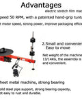 Heavy Duty Electric Stretch Film Dispenser For Pallet Wrapping With Lightning Fast Motor And Auxiliary Turntable; red and black dispenser with platform.