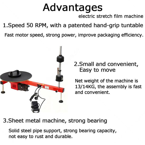 Heavy Duty Electric Stretch Film Dispenser For Pallet Wrapping With Lightning Fast Motor And Auxiliary Turntable; red and black dispenser with platform.