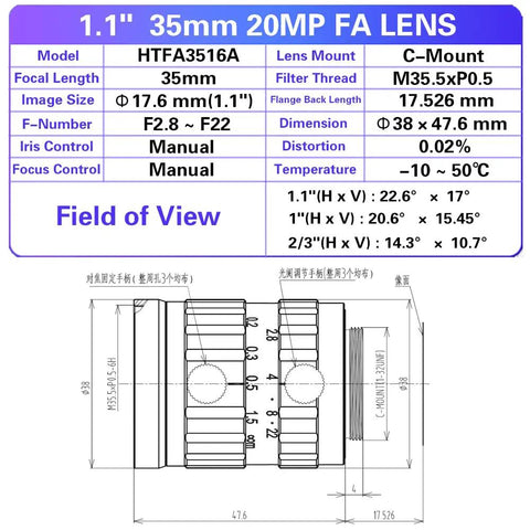 Technical specifications of a 35mm C-Mount machine vision lens with manual iris, showing dimensions and field of view details.