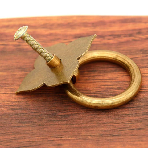 Set Of 4 Vintage Antique Bronze Ring Pulls In Pure Solid Brass Four Leaf Clover Base Retro Cabinet Hardware with 1.375-inch Ring
