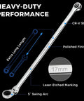 16.5 Inch Long Flex Head Nano Ratchet Wrench With 19 Piece Three Eighths Inch Drive Nano Impact Socket Set Includes 6mm To 24mm Metric Sockets Low Profile CrMo Sockets For Tight Spaces And Quick Fastening, 17mm CR-V steel ratchet