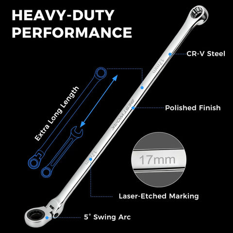 16.5 Inch Long Flex Head Nano Ratchet Wrench With 19 Piece Three Eighths Inch Drive Nano Impact Socket Set Includes 6mm To 24mm Metric Sockets Low Profile CrMo Sockets For Tight Spaces And Quick Fastening, 17mm CR-V steel ratchet