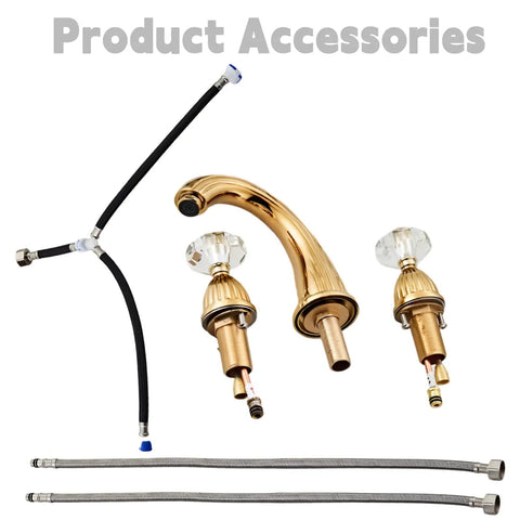 Gold Tone Three Hole Widespread Bathroom Faucet With Crystal Handle Antique Brass Vibe Retro Vintage Lavatory Vanity Faucet parts