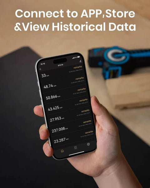 Digital Tape Measure With 12ft Tape And 330ft Laser Distance Meter Pro Grade Precision 1.5mm Dual Tape And Laser Measuring Tool For DIY Projects On Site Readouts Fast Accurate Measurements For Builders And Handypersons showing app history on phone