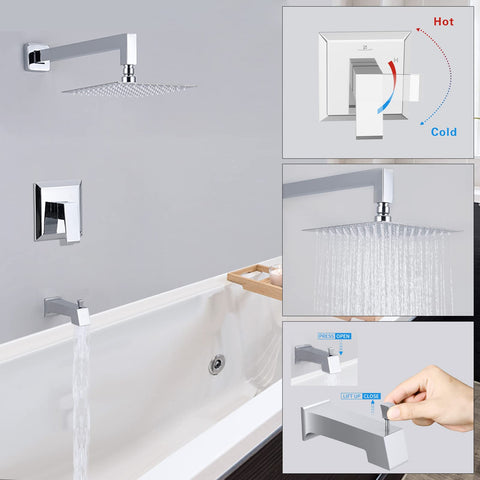Chrome Shower Faucet Set With High Pressure Square Rain Shower Head And Handle, Wall Mounted Luxury Rainfall Shower Fixture