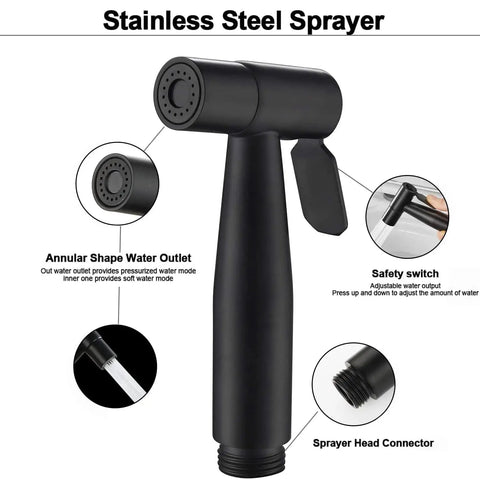 Stainless steel handheld bidet sprayer with detailed features, part of Handheld Toilet Bidet Sprayer Kit With 57 Inch Hose.