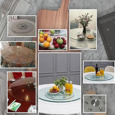 Tempered Glass Rotating Serving Tray With Aluminum Auxiliary Wheel Round Lazy Susan Turntable on a dining table