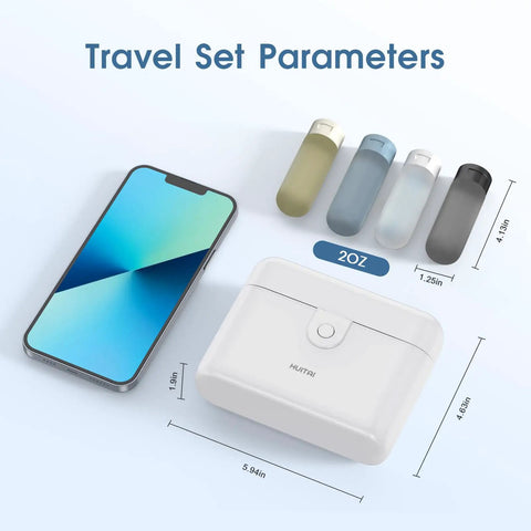 Travel Bottle Set With Case Four 2oz TSA Approved Containers Leak Proof Design dimensions with phone and case comparison