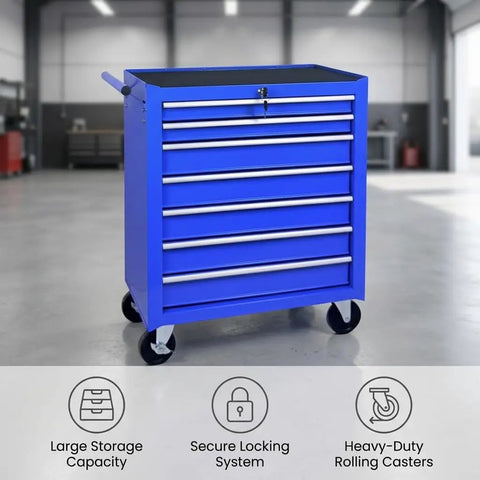 Tough As Nails Blue Steel Seven Drawer Rolling Tool Chest With Dead Secure Lockable Drawers and Slick Heavy Duty Universal Wheels