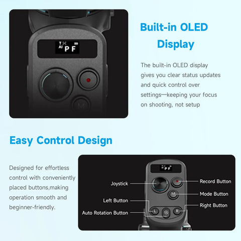 Control panel of AI 4.0 Tracking Gimbal Stabilizer with OLED display and buttons for easy handling of cameras and mirrorless gear.