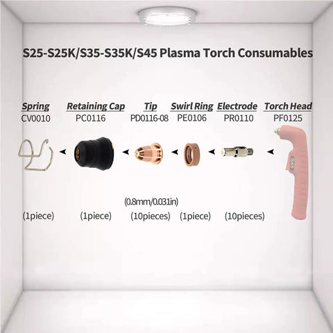 24Piece Plasma Cutter Spare Parts Kit For S25 S25K S30 S35 S45 Torches Including Electrodes And Tips displayed on white background