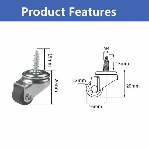 Hassle Free Mount Heavy Duty Brown Mini Caster Wheels With M4X15 Screws showing dimensions and features for smooth transport.