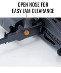 Premium 18 Gauge Brad Nailer With Lightweight Compact Design And Adjustable Depth Control Featuring Switchable Fire Modes showing open nose for easy jam clearance.