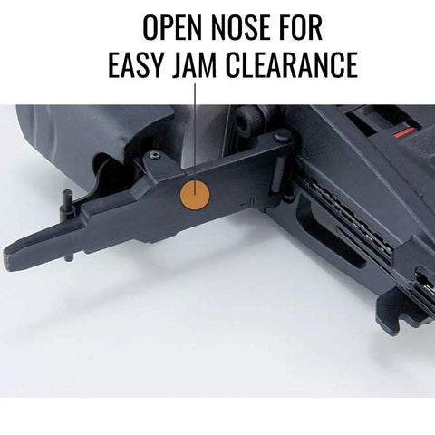 Premium 18 Gauge Brad Nailer With Lightweight Compact Design And Adjustable Depth Control Featuring Switchable Fire Modes showing open nose for easy jam clearance.