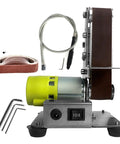Compact Mini Electric Belt Sander Desktop Vertical Polisher For Diy Angle Grinder Sharpening And Polishing Work With 10pcs Sanding Belts Set showing motor and sanding belt setup.