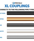 XL Flexible Pipe Coupling 2 Inch To 2 Inch Extra Long 7.75 Inch Sleeve For Cast Iron PVC ABS And Steel Pipes With Stainless Steel Clamps Heavy Duty DIY Plumbing Repair compatible pipe types illustration