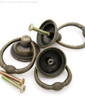 Set Of 6 Vintage Antique Brass Drop Ring Pulls For Drawers With Single Mounting Hole Large Ring Size 1.4-Inch And Pull Height 2.1-Inch shown with screws
