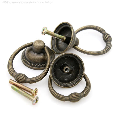 Set Of 6 Vintage Antique Brass Drop Ring Pulls For Drawers With Single Mounting Hole Large Ring Size 1.4-Inch And Pull Height 2.1-Inch shown with screws