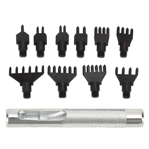 Go-To Prong Chisel Kit With Replaceable Leather Stitching Punch Tools And 10 Attachments For DIY Leather Craft, Carbon Steel Blades