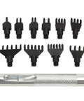 Prong Chisel Leather Stitching Kit Pro Grade With Replaceable Heads And Belt Punch Tool DIY Hole Punch Set laid out with handle and 10 accessories
