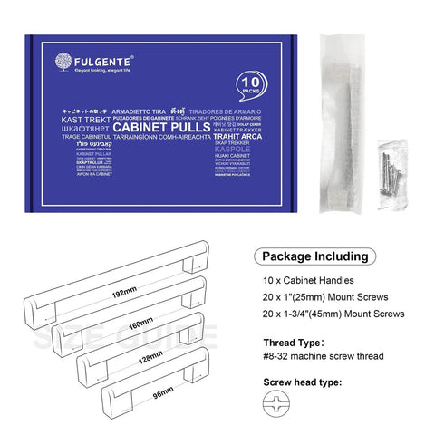 Image of 10 Pack 5 Inch Cabinet Pulls Brushed Nickel Finish With Stainless Steel Tubes for kitchen cabinets, packaging and screws shown.