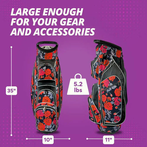 Monaco Collection 14 Way Ladies Golf Bag With Insulated Cooler Pocket Lightweight Cart Bag Rain Hood Red Roses Floral Design