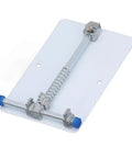Heavy Duty Stainless Steel PCB Holder And Fixture Clamp For Small Circuit Boards with spring mechanism on white background.