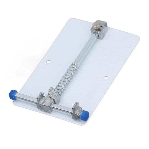 Heavy Duty Stainless Steel PCB Holder And Fixture Clamp For Small Circuit Boards with spring mechanism on white background.