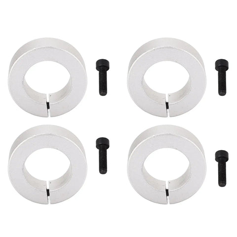 Thinking Process: four aluminum split shaft collars with black set screws, clamping rings for shaft fixation