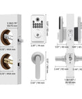 Silver Fingerprint Deadbolt Keyless Entry Door Lock With Hella Secure Biometric Access detailed measurements and components layout.