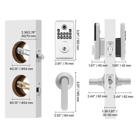 Silver Fingerprint Deadbolt Keyless Entry Door Lock dimensions and features, showcasing installation guide and measurements.